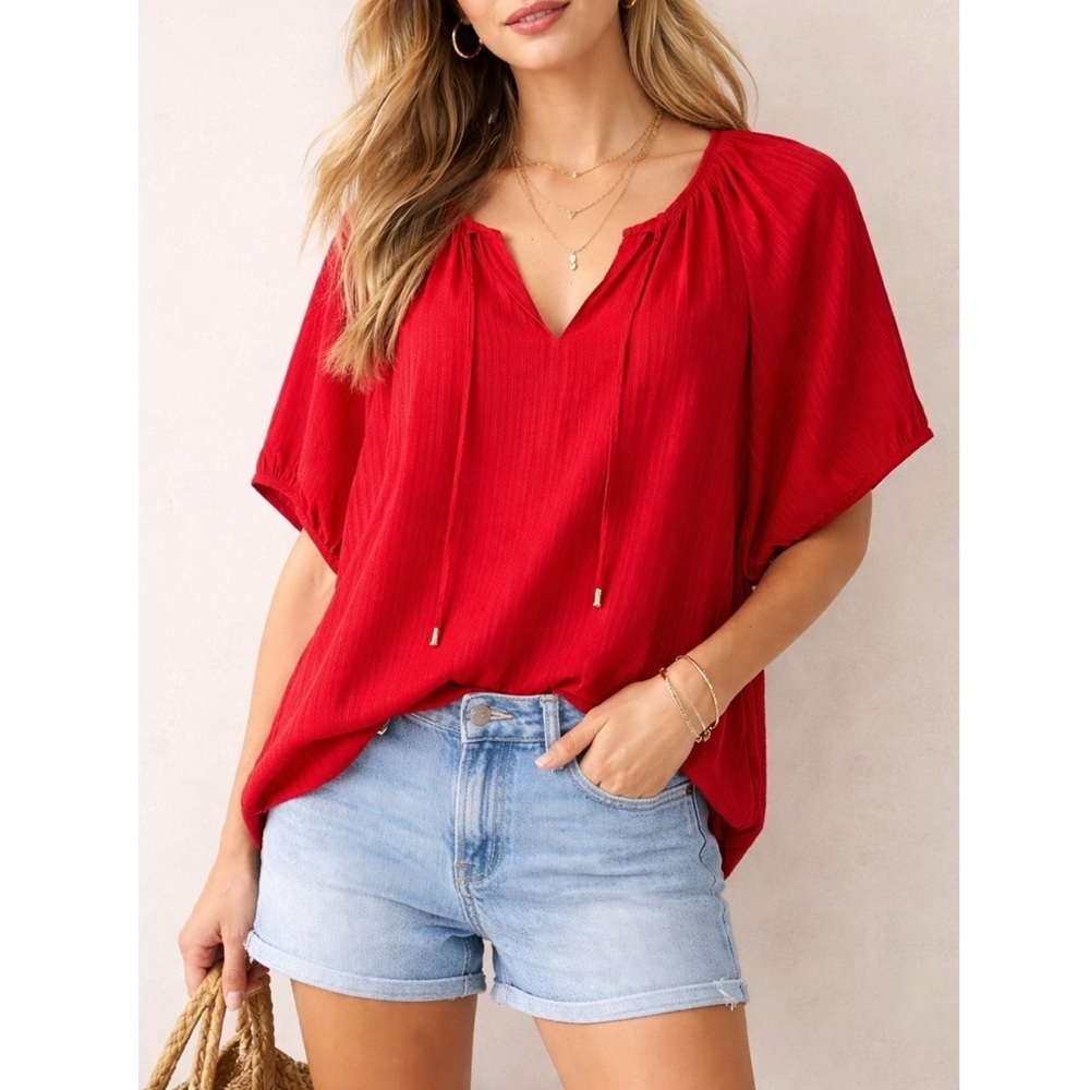 NWT Tommy Hilfiger Red Textured V-Neck Dolman Sleeve Tie-Neck Blouse L Patriotic